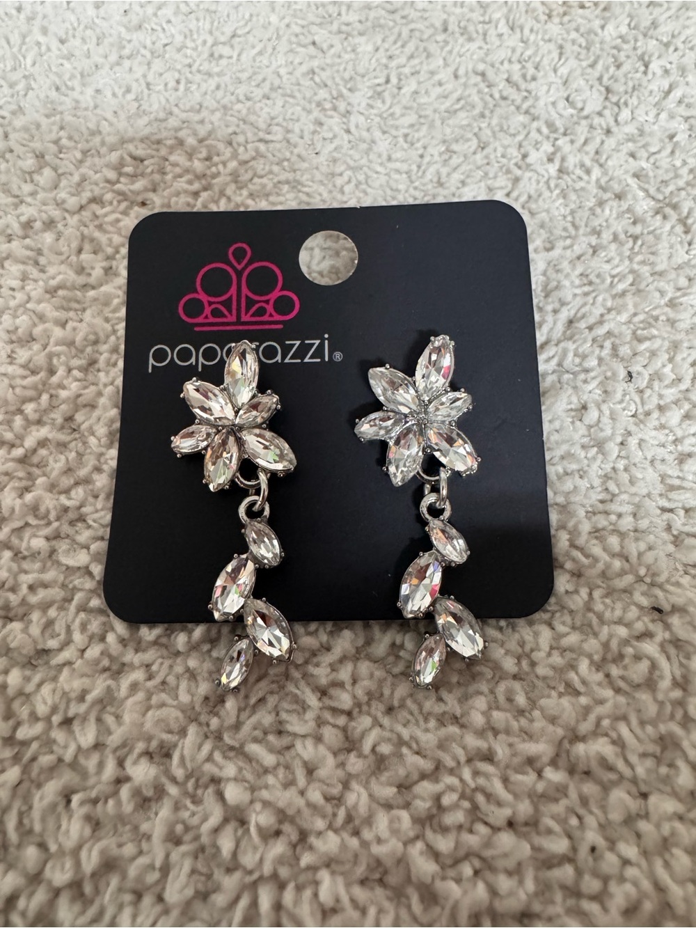 Paparazzi Silver Clear Crystal Floral Dangle Earrings - Clear